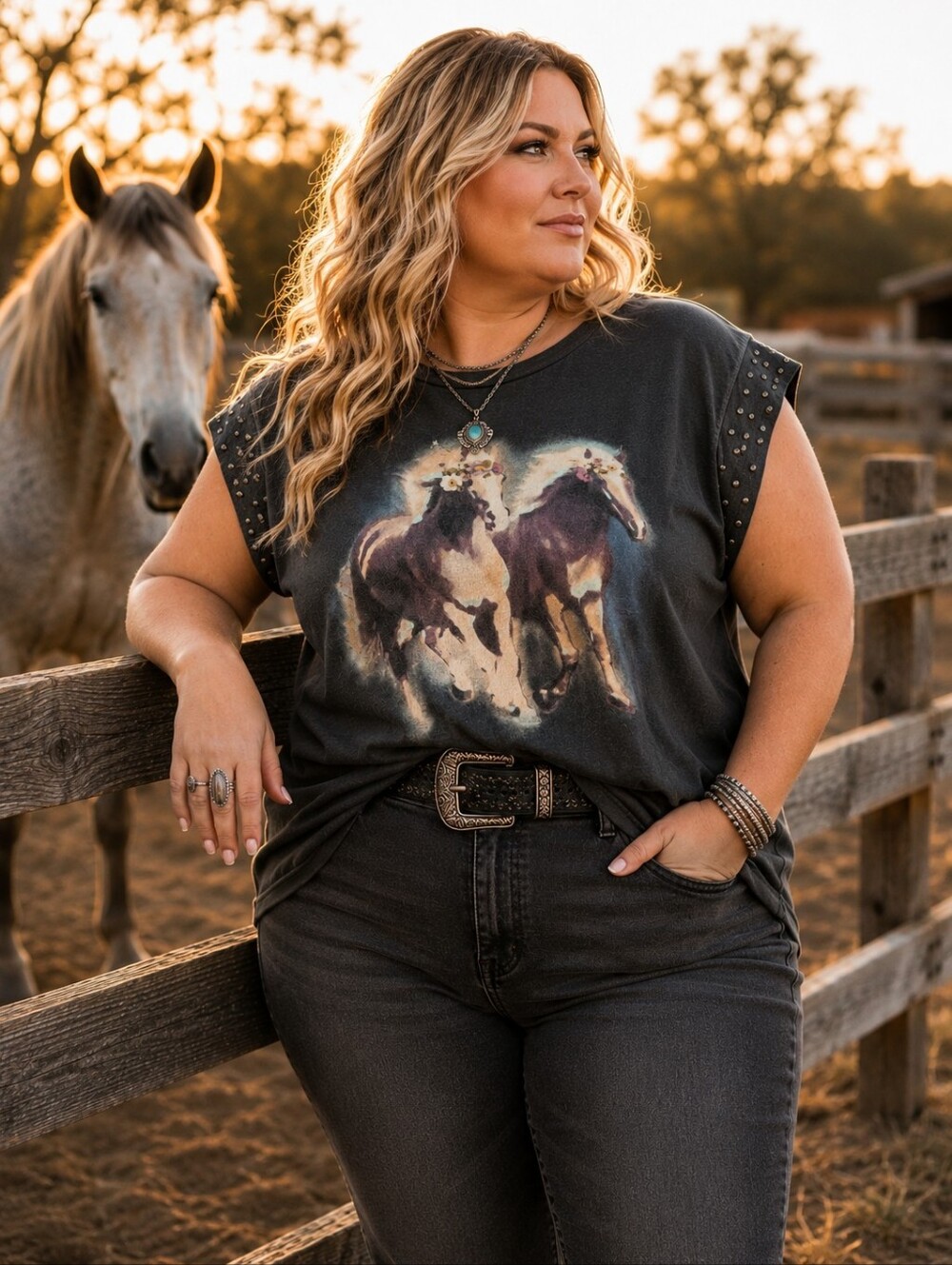 Torrid Graphic Classic Tee Wild Horses Vintage Western Black Studded Cap Sleeves